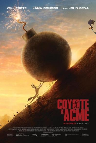 2026 COYOTE vs ACME poster: Will Forte and John Cena (coyote is pushing a Sisiphus-like object up a mountain)
