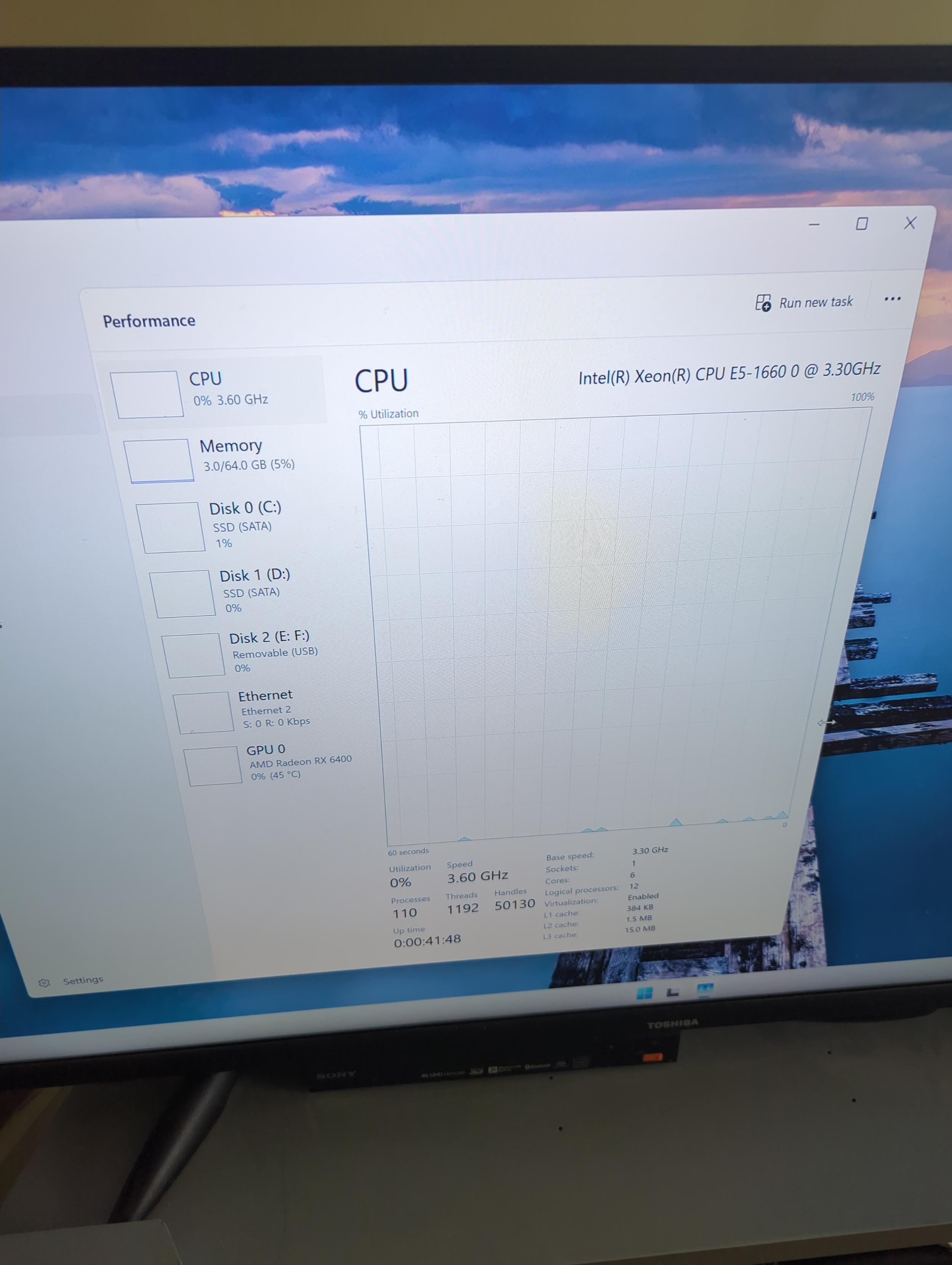 A photo, not a screenshot, but a photo proving that this is real and not Photoshop, showing my old PC running Windows 11 just fine with current hardware usage read-outs. At idle, I'm using 0% of my CPU. I'm only using 3 out of the 64 gigabytes of RAM. 