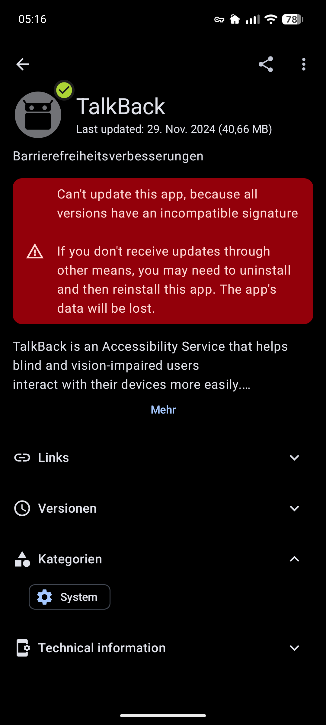 Screenshot #fdroidbasic Info zur app #talkback. Auch unter dem Besitzer Profil von #grapheneOS nicht deinstallierbar.