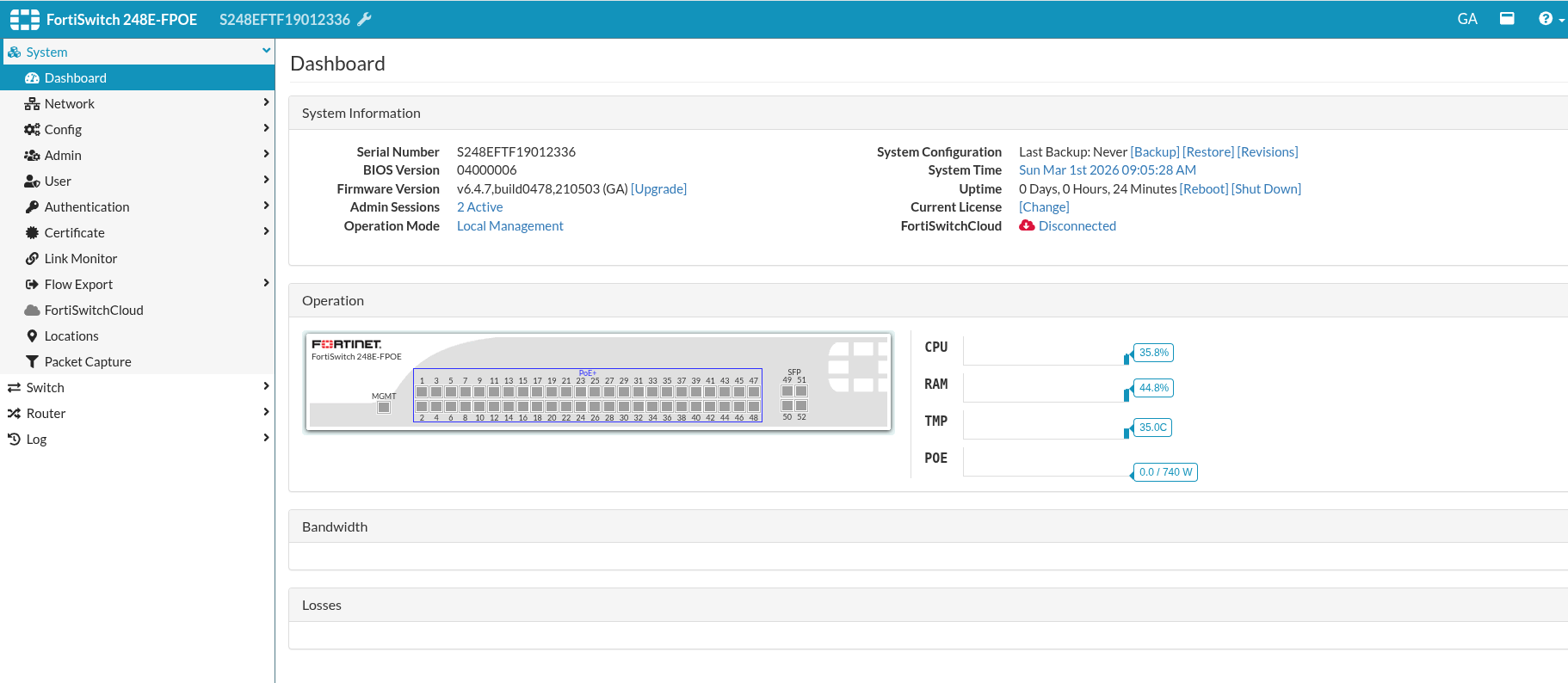 Screenshot des Dashboards eines FortiSwitch 248E-FPOE mit Systeminformationen, Performance-Metriken für CPU und RAM sowie einer grafischen Port-Übersicht. Die linke Seitenleiste zeigt das Navigationsmenü für die Gerätekonfiguration.