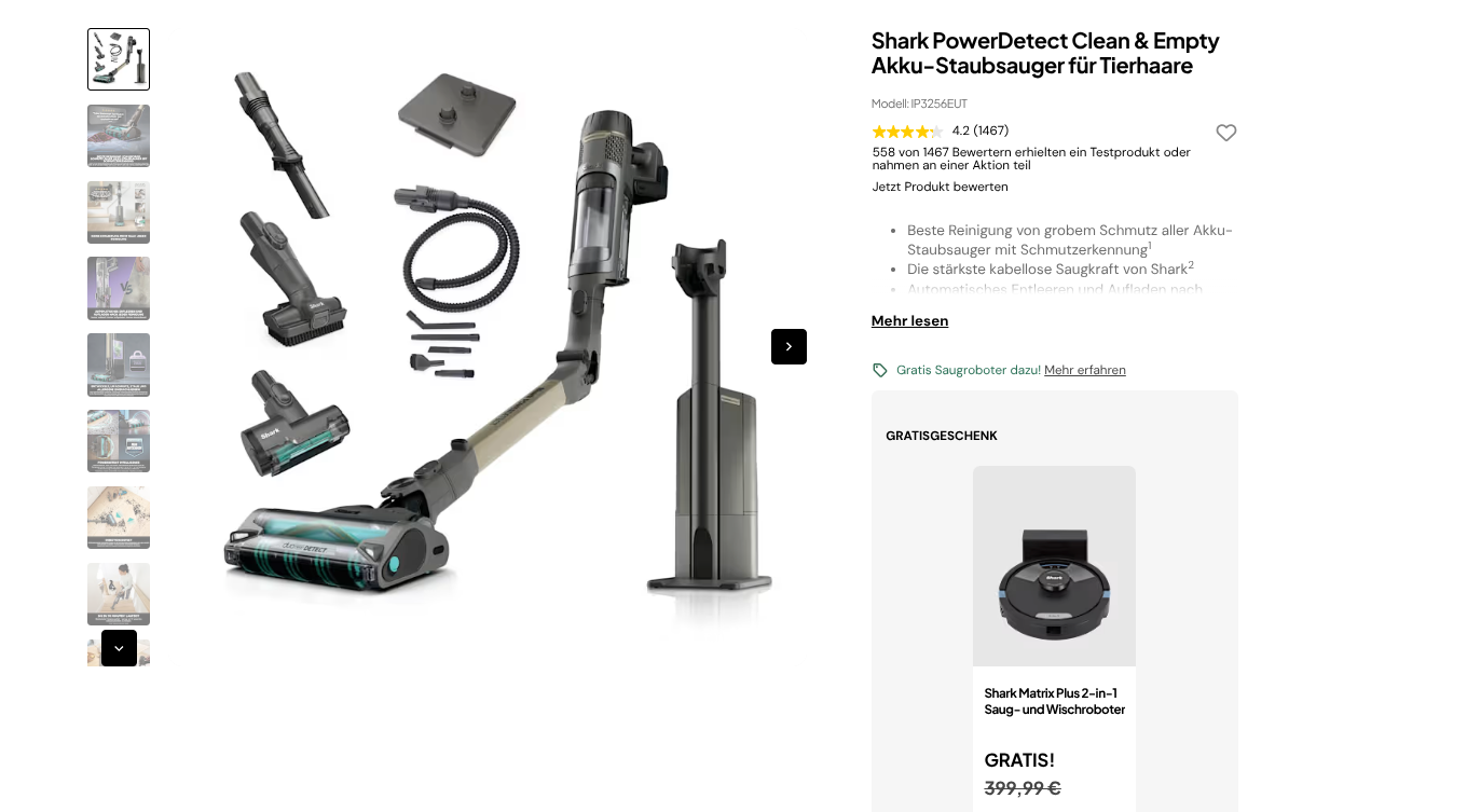 Ein Shark PowerDetect Staubsauger mit Esstischdüse und Ladegerät, inklusive zusätzlicher Zubehörteile, ist auf einer Online-Seite im Angebot. Die Produktbewertung beträgt 4,2 Sterne aus 1467 Bewertungen und ein Shark-Matrix Plus-Modell wird kostenlos dazu geschenkt.