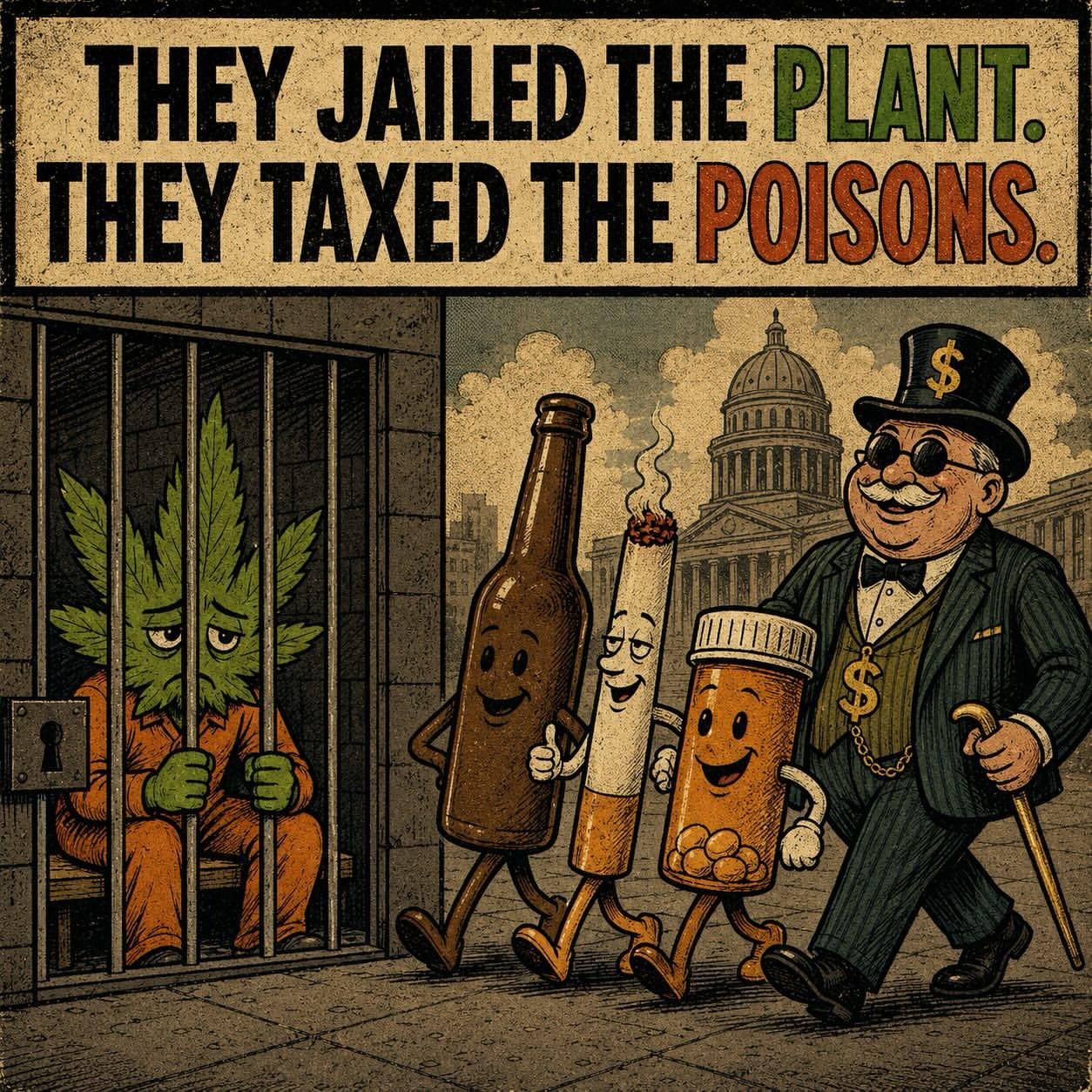 A picture where you see a sad cannabis plant in prison.
A bottle of alcohol, a cigarette and a tube of pills together with a man with a hat, representing the taxing state, are walking by, being in a very good mood