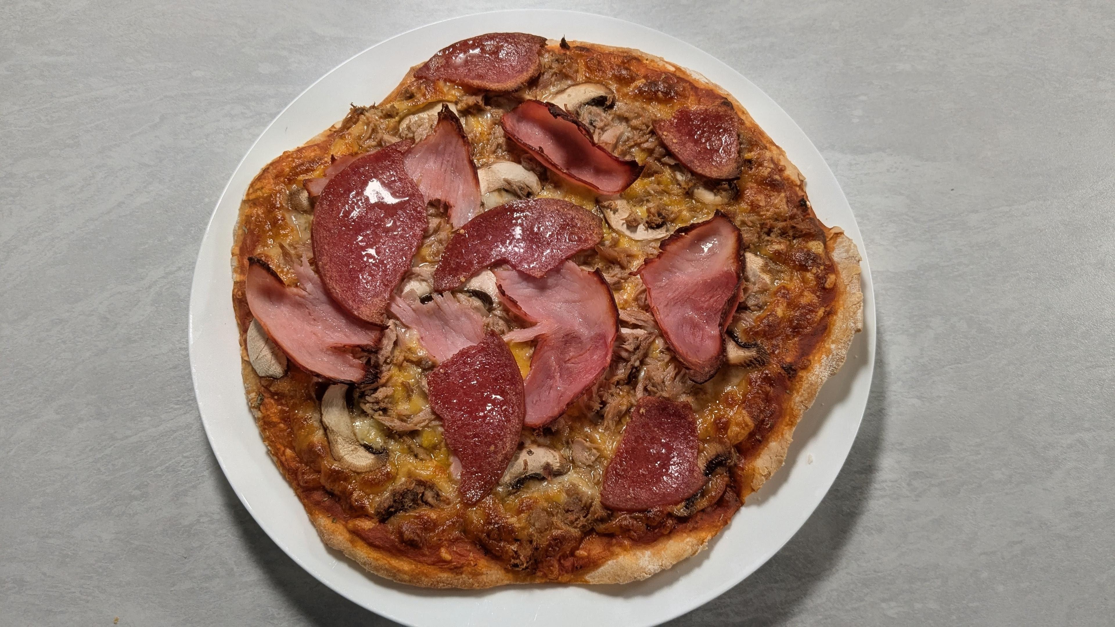 Auf einem Teller ist eine Pizza mit Champignons, Kochschinken, Salami und Thunfisch