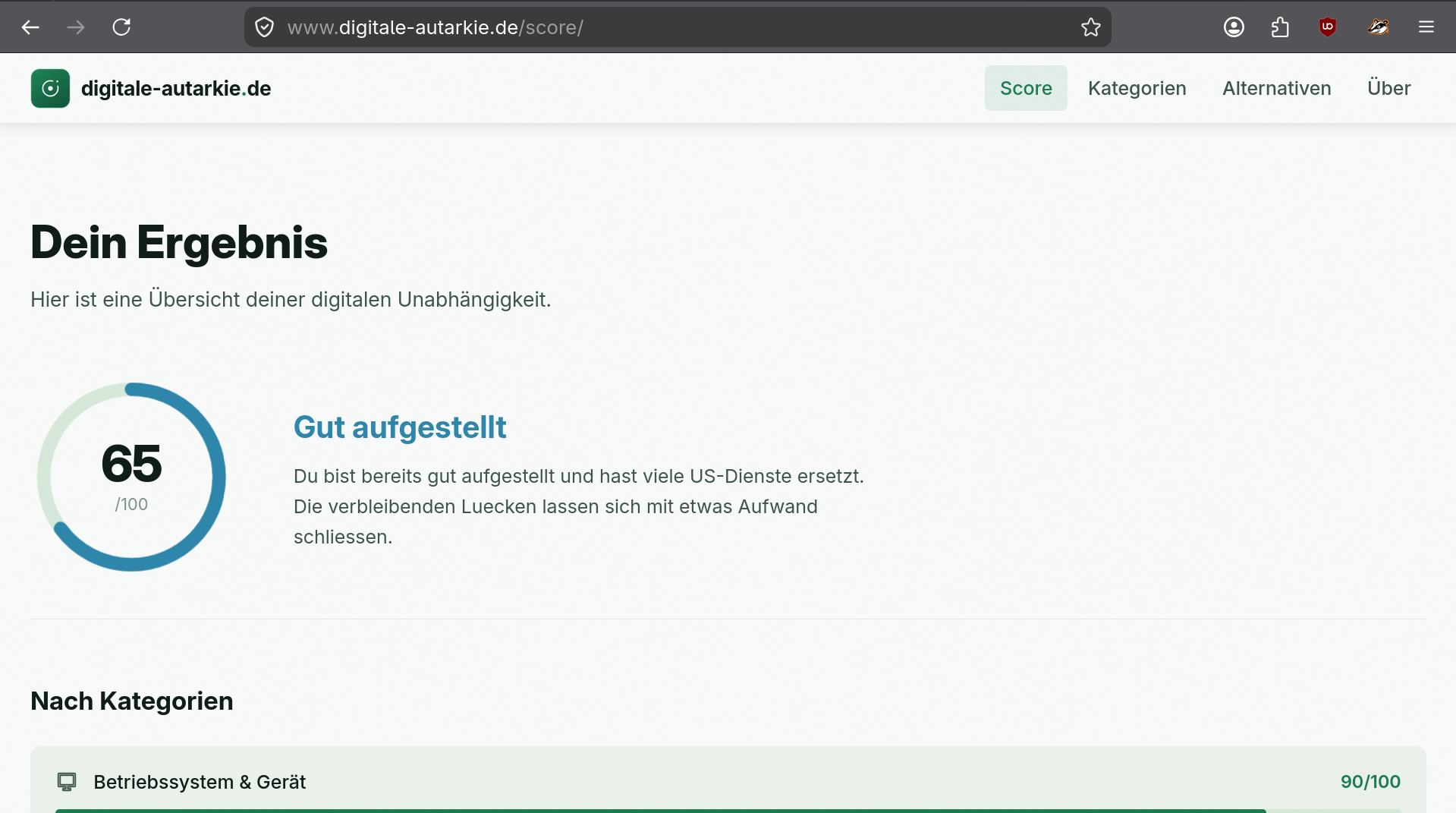 Screenshot einer Website mit dem Titel "digitale-autarkie.de", die einen Überblicktest zu digitaler Unabhängigkeit anbietet, der mit 65 von 100 Punkten bewertet wurde. Text beschreibt, dass der Tester gut aufgestellt ist mit nur wenigen US-Diensten, die ersetzt werden müssen.ebnis des Testes: 65 von 100 Punkten. Als Kommentar dazu steht das: Gut aufgestellt  Du bist bereits gut aufgestellt und hast viele US-Dienste ersetzt. Die verbleibenden Luecken lassen sich mit etwas Aufwand schliessen.